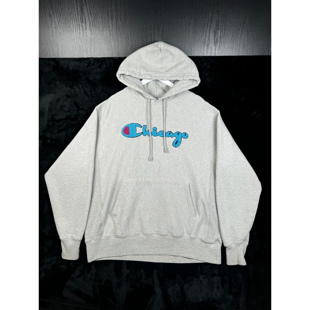 + Champion Reverse Weave Hoodie Large Gray Chicago Embroidered Logo Pullover